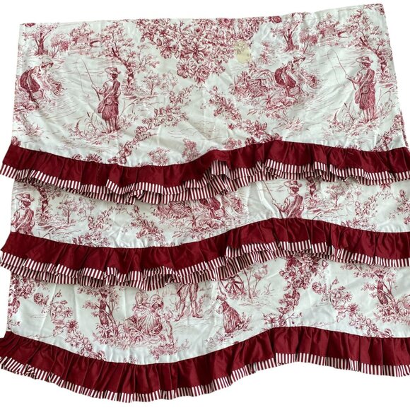 Red White Toile Ruffled Curtain Valances Cotton French Country Stripes Set of 3 - Picture 2 of 9